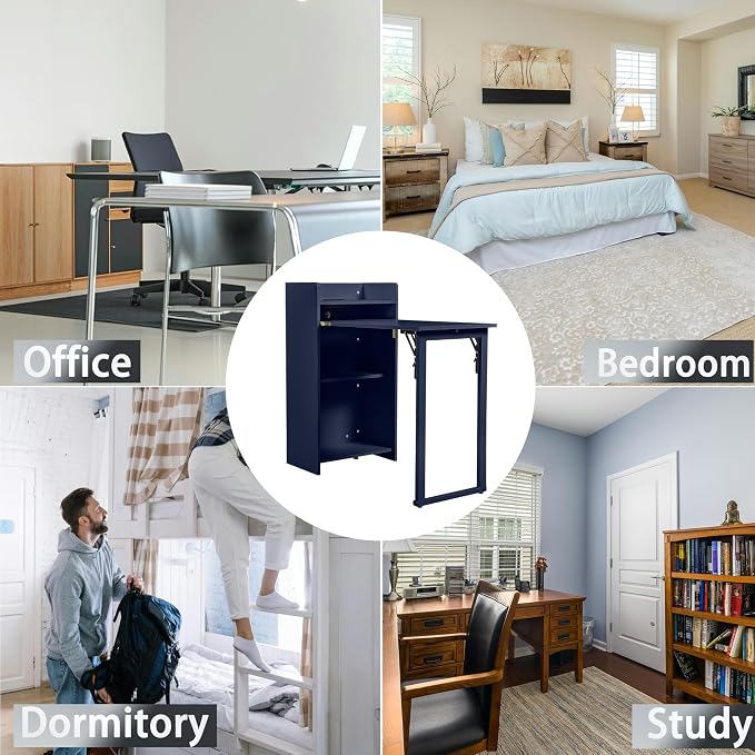 Fold Out Desk,Hidden Desk with Storage and Built-in Socket,Mid Century Foldable Table for Small Spaces,Home Office and Bedroom