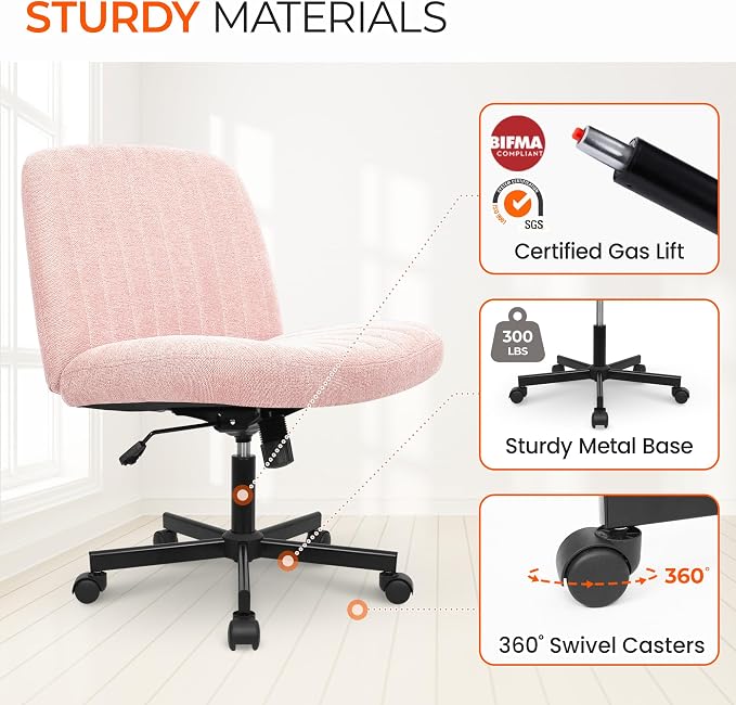 Orange Factory Criss Cross Chair Wheels Wide Cross Legged Office Desk Vanity Chair Comfy Fabric Armless Adjustable Swivel for Home Computer Task (Pink Wheel, Fabric)