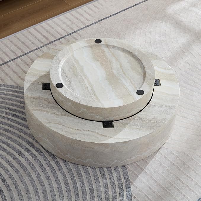 31.5" Faux Marble Round Coffee Tables, Modern Stone Coffee Tables, Fiberglass Drum Center Table, Accent Low Circle Coffee Table, Minimalist Sofa Side End Table for Living Room Apartment Office