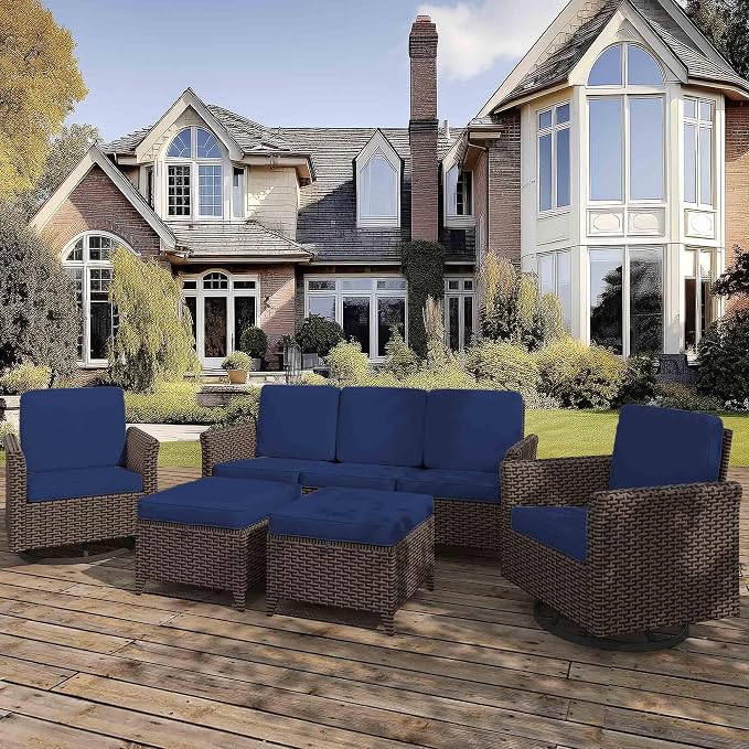 5 Pieces Patio Furniture Set, PE Wicker 75" Couch with 2 High Back Swivel Chairs & 2 Ottomans, All-Weather Rattan Furniture with Waterproof Cushions for Deck, Garden, Porch
