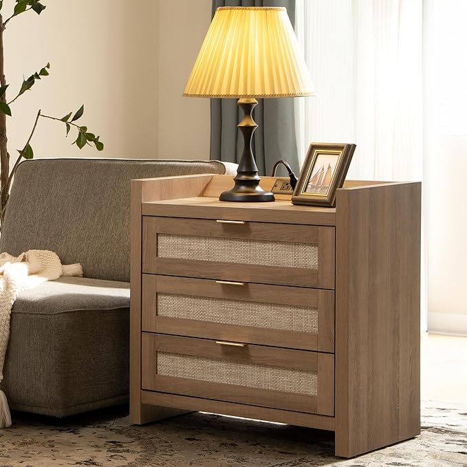 SICOTAS Rattan Night Stand Set of 2 - Tall Nightstands with Type-C Charging Station, 3 Storage Drawers, Larger Nightstand Boho Bedside Table End Table for Bedroom Sofa Couch Office - Natural Oak