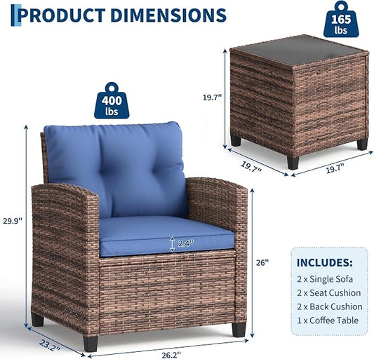 GarveeLife 3 Pieces Patio Furniture Set, PE Rattan Patio Conversation Set with Tempered Glass Tabletop, Outdoor Wicker Chairs and Table Set for Patio Balcony Garden, Brown & Blue