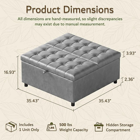 Grey Leather 36 Inch Extra Large Lift Top Living Room Storage Ottoman | LINLUX Tufted Upholstered Shoe Storage Entry Bench, Bed Benches For Foot Rest, Lift Footrest For Dorm Bedroom Office