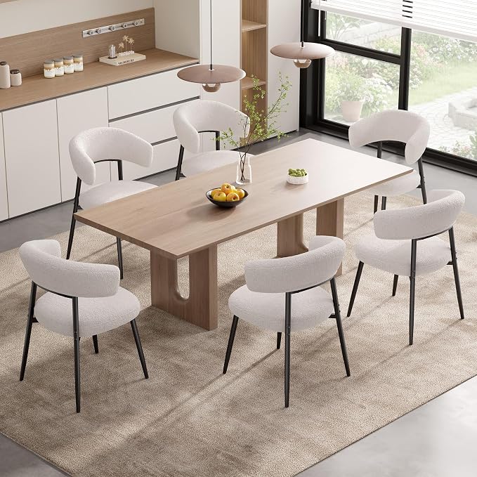 Dining Chairs Set of 2, Mid Century Modern Kitchen Chairs, Boucle Upholstered Dining Chair with Curved Backrest & Metal Legs for Kitchen Dining Room, White