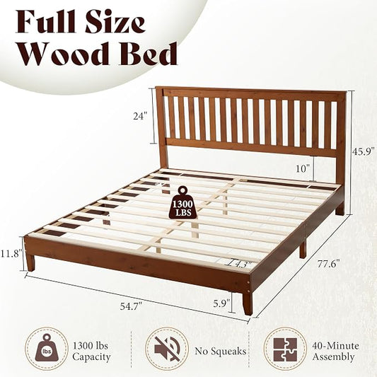 AMERLIFE Full Bed Frame, Solid Wood Platform Bed with Vertical Slats Headboard, Wooden Bedframe Full-Size, Sturdy Wooden Slats Support, No Box Spring Needed, Noise Free, Walnut