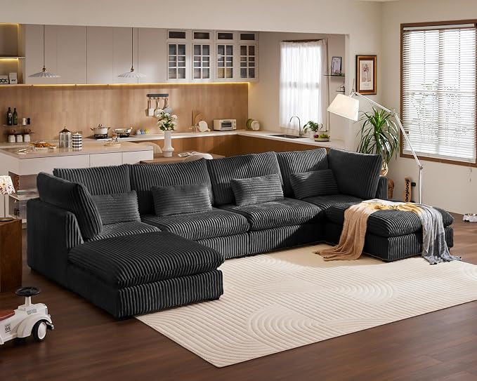 154" Oversized Corduroy Couch Modular Sectional Sofa, Washable Cloud Couch Sectional with 2 Ottoman, 6 Seater Sectional Couches for Living Room, Fully Cover Removable, U Shaped, Corduroy, Black