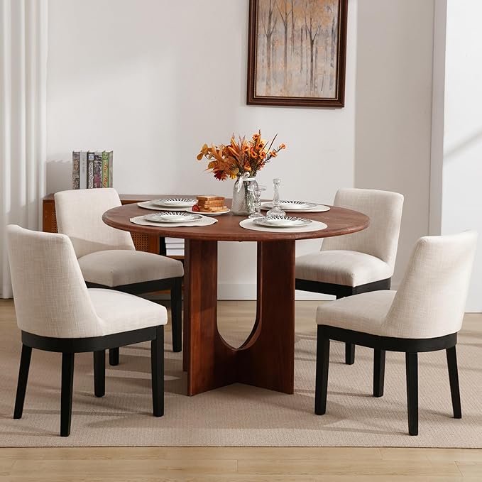 RIVOVA Upholstered Dining Chairs Set of 2, Modern Wooden Dining Room Chair Linen Fabric Kitchen Chairs Farmhouse Dinner Chair with Black Hardwood Frame, Beige