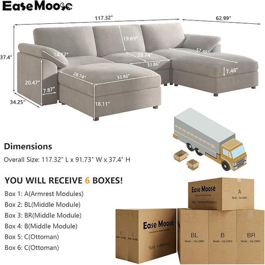 EASE MOOSE Extra Large U Shape Sectional Cloud Couch,Oversized Modular Sectional Cloud Couch,Comfty Deep Modular Sofa with Ottoman for Living RoomLight Gray