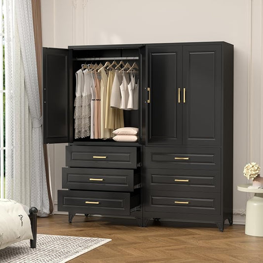 Polup Metal Armoire Wardrobe Closet with Three Drawers, 71“ Tall Large Wardrobe Cabinet with Doors and Hanging Rod, Freestanding Steel Clothes Cabinet for Bedroom, Office, Laundry Room, Black
