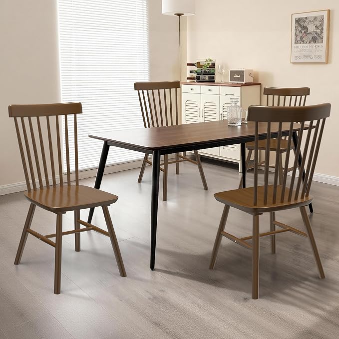 AreShark Windsor Dining Chairs, Farmhouse Wooden Dining Room Chairs, Solid Wood Kitchen Chairs with Spindle Back Set of 6, Walnut