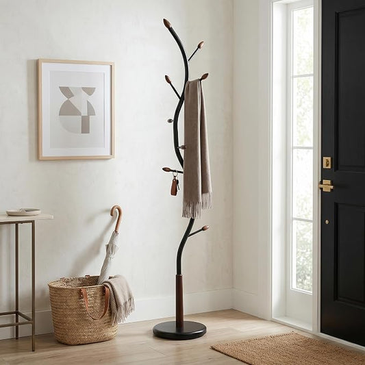 Roundhill Furniture Arles Metal Black and Walnut Standing Coat Rack