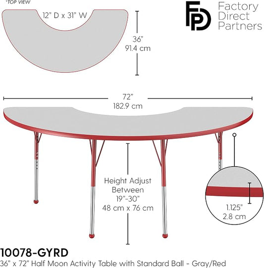 FDP Half Moon Activity School and Office Table (36 x 72 inch), Standard Legs with Ball Glides for Collaborative Seating Environments, Adjustable Height 19-30 inches - Gray Top and Red Edge