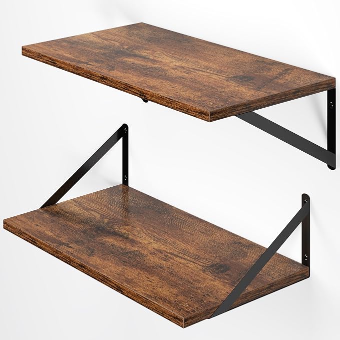 Heimlove Deep Floating Shelves for Wall, 20W x 12D Wood Wall Shelves Set of 2, Wide Floating Bookshelf for Living Room, Kitchen, Office, Bedroom and Decor Storage, with Metal Bracket - Rustic Brown