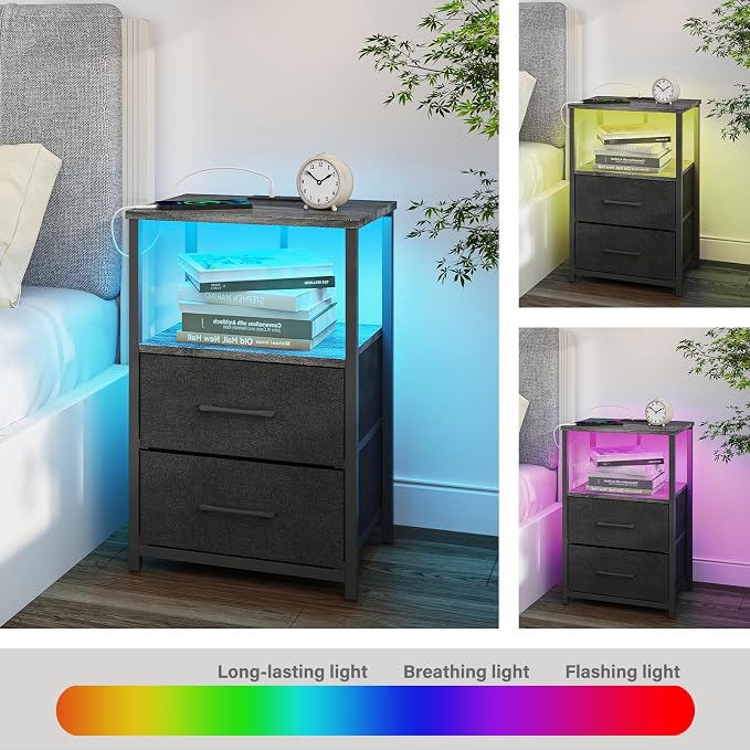 TUTOTAK LED End Table with Charging Station, Nightstand with Cloth Drawer, Side Table with 1 USB Port and 1 Type-C Port, Set of 2, Couch Table, Charcoal Grey TB01BY052L