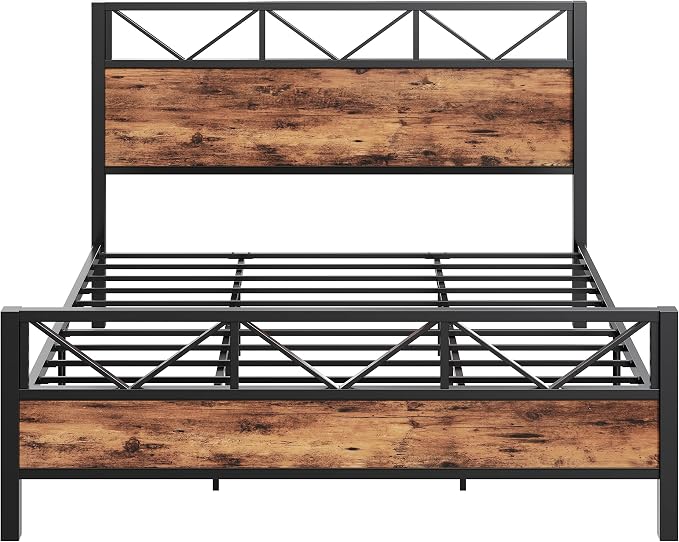 LIKIMIO King Bed Frame, Tall Industrial Headboard 51.2 ", Platform Bed Frame with Strong Metal Support, Solid and Stable, Noise Free, No Box Spring Needed, Easy Assembly, Vintage Brown