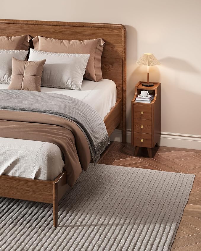 Narrow Nightstand with Drawers, 7.9" Solid Wood Nightstand with Open Shelf & Cable Hole, Modern Night Stand Slim Bedside Table for Small Spaces, Bedroom, Study