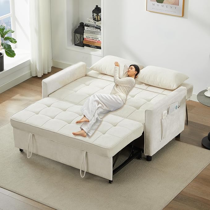 Tbfit 57" Convertible Sofa Bed, Chenille Futon Sleeper Sofa Couch with Pullout Bed, USB & Adjustable Backrest, Full Size Pull Out Loveseat Couches for Living Room, Apartment, Office, Dorm, Beige