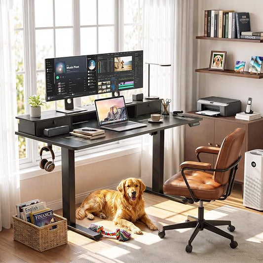 Veken 55x26 in Electric Standing Desk with Drawers, Adjustable Table, Black | Stand up Computer Desk for Home Office, Work & Study, with Storage, 3 Memory Presets, Cable Organizer, Hook, and Quiet Lift.