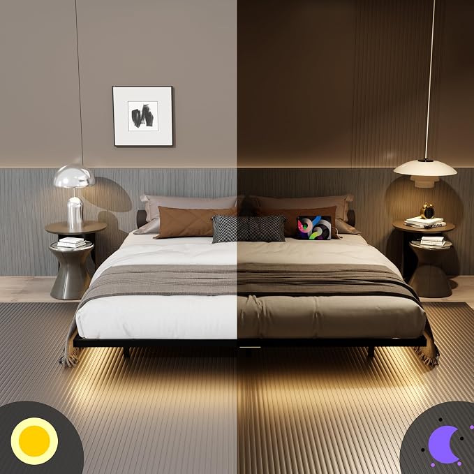 Floating Bed Frame California King Size with Charging Station and LED Lights, Metal Platform Bed Frame, No Box Spring Needed, Easy Assembly, (California King)