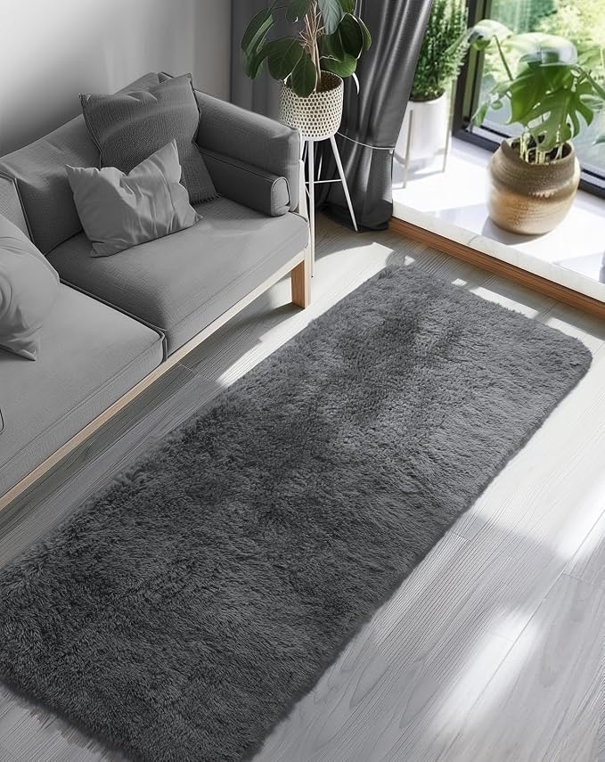 Ophanie Runner Rug for Hallway, 3x8 Washable Non-Slip Fluffy Soft Bedside Rugs, Bedroom Living Room Shaggy Carpet for Kids Girls Boys Dorm Nursery Decor Aesthetic, Grey with Over 99 pcs Pile fibers