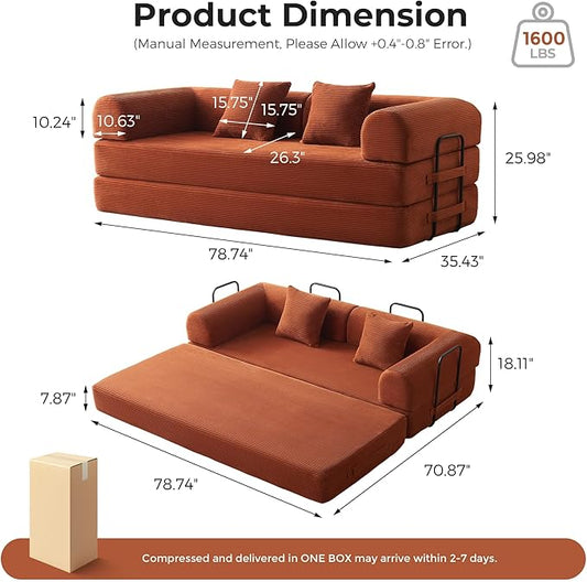 79" 5-in-1 Convertible Sofa Bed No Assembly, Boneless Couch Bed with High Density Foam, Foldable Sleeper Sofa, Corduroy Modular Couch for Apartment, Studio, Dorm Room, Small Space, Orange