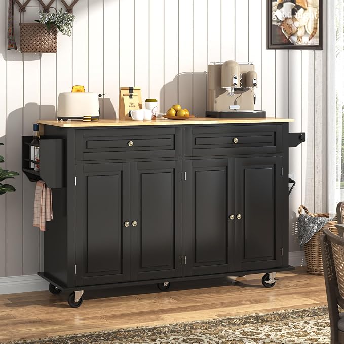 Hlivelood 59.1" Movable Kitchen Island with Drop Leaf and Power Outlet, Rolling Island Cart w/Storage Cabinet, Island Table on Wheels for Kitchen w/2 Drawers, Spice Rack, Towel Bar, Garage Hook, Black