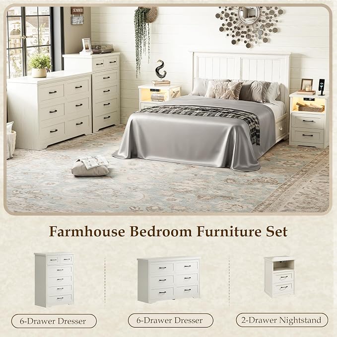 AODK Farmhouse Tall 6 Drawer Dresser for Bedroom, 5-Tier Vertical Storage Chest with Mixed Drawers, Engineered Wood Frame with Anti-Tip Safety, American Country Furniture, Vintage White