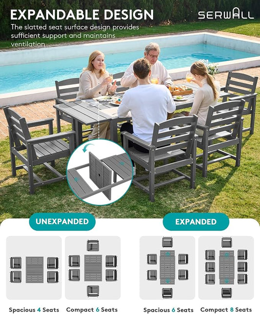 SERWALL 60" - 83" Expandable Outdoor Dining Table and 6 HDPE Chairs, Grey | Outdoor Dining Set for 6, All Weather Aluminum and HDPE Outdoor Furniture Set, Extendable Patio Dining Table