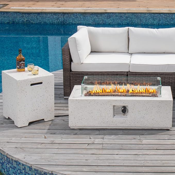 COSIEST 2-Piece Outdoor Propane Fire Pit Table Set w Tank Table, 42" Terrazzo Rectangle Fire Table (Certified, 50,000 BTU) w 16" Tank Cover Side Table, Wind Guard, Rain Cover for Garden, Pool