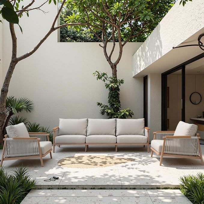 Acanva Modern All-Weather Aluminum Outdoor Patio Sofa with Thick Cushions, Olefin Fabric Sunroom Backyard Furniture, Couch Light Khaki