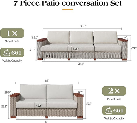 PaPaJet 7-Piece Wicker Patio Furniture Set with Solid Wood Armrest, Outdoor Patio Set with Thick Legs, UV-Resistant Modular Outdoor Sectional Sofa for Backyard, Porch, Garden