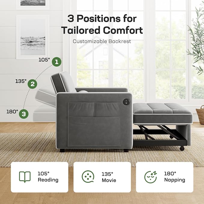 Marsail 3-in-1 Convertible Futon Sleeper Sofa Bed, Pull Out Couch with Adjustable Backrest, USB Charging & Side Pockets, Velvet Fabric Sofa for Living Room, Apartment, Loveseat, Grey