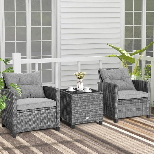 COSTWAY 3-Piece Patio Furniture Set, Outdoor Wicker Rattan Sofa with Cushions, Coffee Table with Tempered Glass, Conversation Sofa Set for Poolside Backyard Balcony (Grey)
