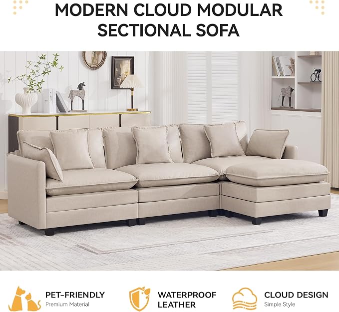 111'' Sectional Cloud Deep Seat Couch, Modern Comfy Leather L Shaped Sectional Sofa for Living Room Set, Upholstered Modular 4-Seats Sofa Couch with 1 Movable Ottoman, Leather Beige