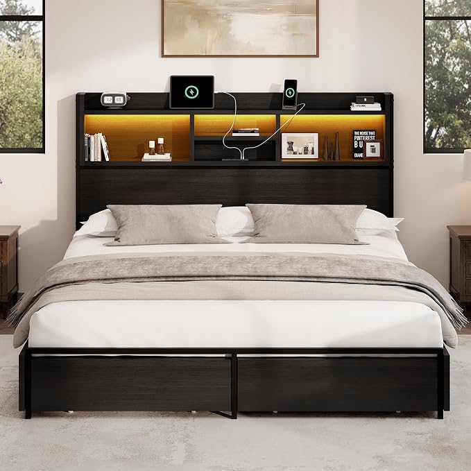 BRELTAM King Storage Bed Frame with 6 Drawers, USB Charging Station, No Noise, No Box Spring Required, Vintage Black Headboard Platform Bed