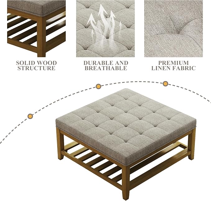 Befurtori Large Square Ottoman Coffee Table, Linen Solid Upholstered Footrest Ottoman with Solid Wood Shelf Storage Tufted Coffee Table for Bedroom Living Room, Gray Linen