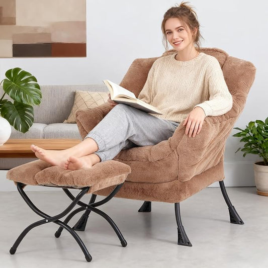 Lazy Chair with Ottoman, Modern Accent Chair Lounge Leisure Sofa Chair with Armrests, Reading Chair and Folding Footstool for Living Room, Bedroom, Office, Plush Brown