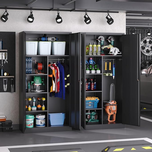 Broom Closet with Lock, Metal Storage Cabinet 36" Wide, 5-Tier Steel Utility Cabinet with Hanging Rod & Doors for Garage, Laundry Room, Warehouse Storage