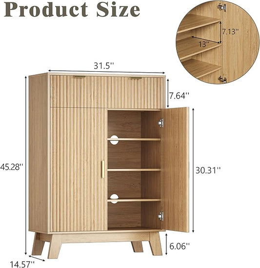 Shoe Cabinet Storage for Entryway with Doors, 4 Tier Fluted Shoe Organizer with 2 Drawers, Entryway Shoe Storage with Adjustable Shelves, Freestanding Hidden Shoe Rack for Front Door Entrance, Oak