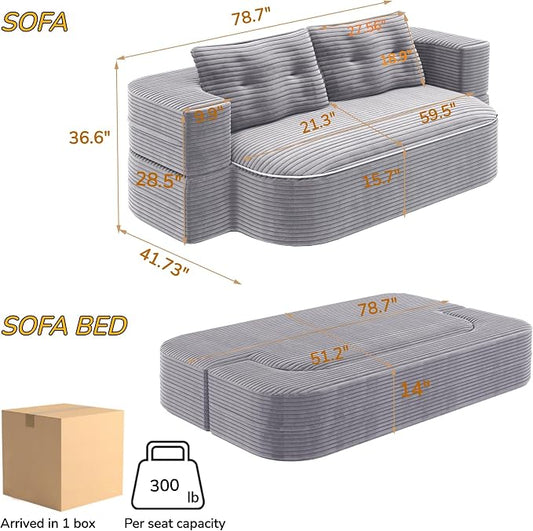 78.7" Futon Sofa Bed, 2-in-1 Foldable Sleeper Sofa, Convertible Floor Couch with Pillows, Corduroy Couch with Multi Functional Blanket Upholstered Boneless Couches for Living Room, Light Gray