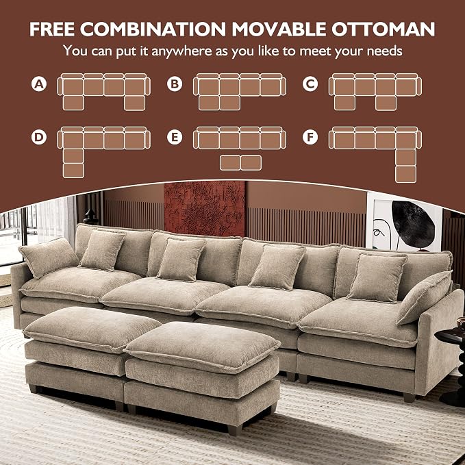 Ihanherry 146" U-Shaped Modern Sofa Modular Sectional Luxurious and Comfortable with 2 Ottoman, 6-Seat Chenille Deep Seat Sofa with 6 Pillows for Living Room, Bedroom and Apartment, Sand