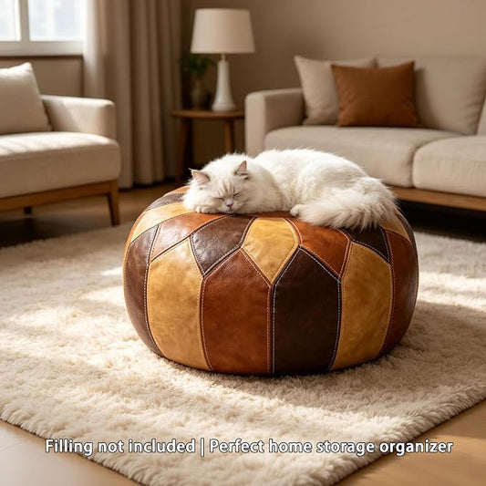 Thgonwid Unstuffed Moroccan Faux Leather Pouf Ottoman Cover with Storage - Boho Chic Multi-Use Footrest for Living Room, Bedroom, Patio - Round Ethnic Floor Cushion & Decorative Accent, Tricolor