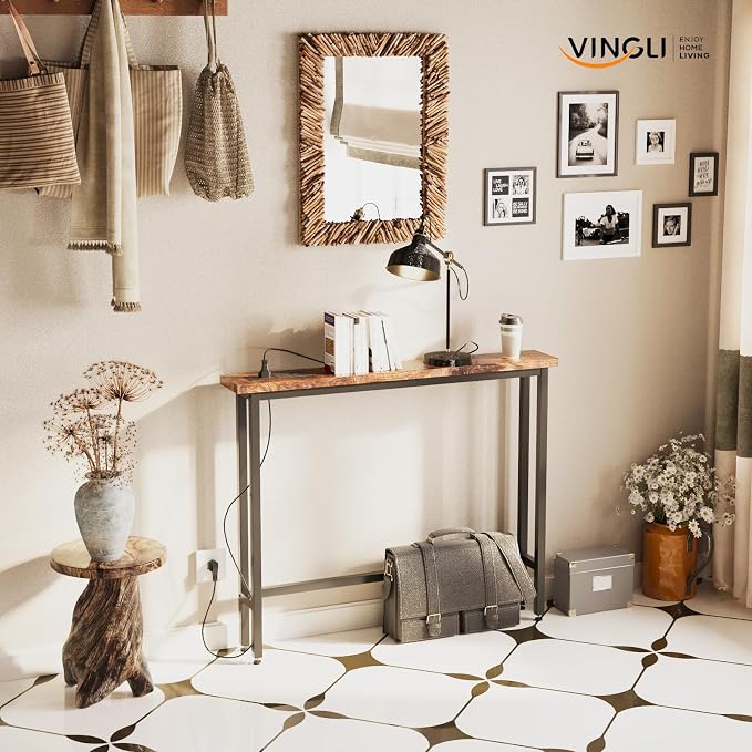 VINGLI 39" Console Table with Charging Station, 5.9" Narrow Sofa Table Behind Couch, Entryway Table with Power Outlet & 4.9 Ft Extension Cord & Adjustable Feet, for Living Room, Hallway, Rusitc Brown