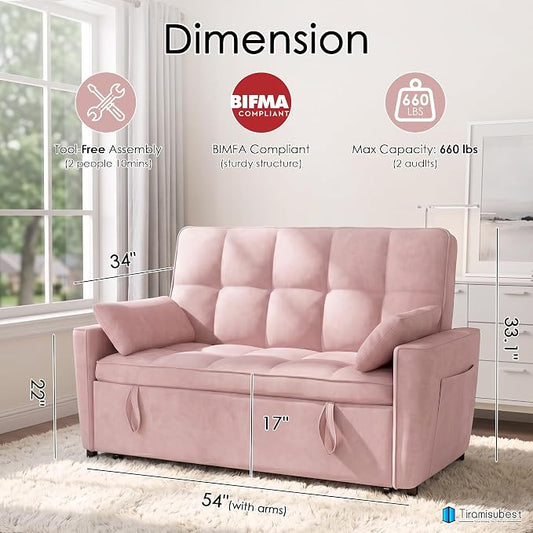 54'' Sleeper Sofa Bed, Convertible Pull Out Couch Futon for for Living Room,Apartment (Pink, Loveseat) Side Pockets, Velvet Fabric, Adjustable Backrest, Pull-Out Bed, Easy Assembly