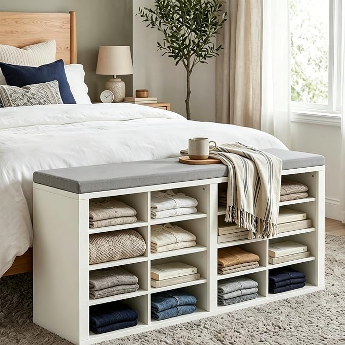 Shoe Rack Bench, Shoe Storage Bench with Cushion, Shoe Organizer 16 Cubbies for Entryway Hallway Bedroom Living Room, Holds Up to 400lbs