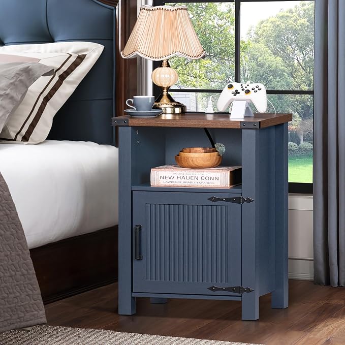 Joaxswe Night Stand Set of 2, 18 Inch Farmhouse Nightstand with with Charging Station and USB Port, Rustic Couch End Table with Magnetic Door, Wood Bed Side Tables for Bedroom, Home, Navy Blue
