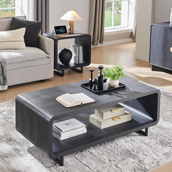 IFGET 48" Modern Coffee Table, 2-Tier Minimalist Center Table with Storage Shelf, Curved Profile Design, Wooden Rectangular Living Room Table w/Wood Thick Design for Living Room, Office, Dark Grey