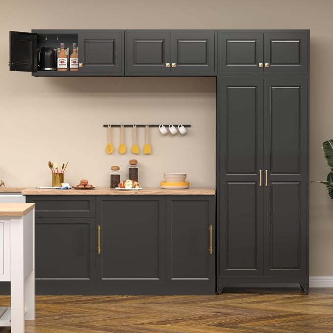 Polup Kitchen Pantry Cabinet, Metal Food Pantry cabinets with Doors and Shelves, 90" Tall Storage Cabinet for Dining, Living Room, Black, 16" D x 32" W x 90" H, Assembly Required