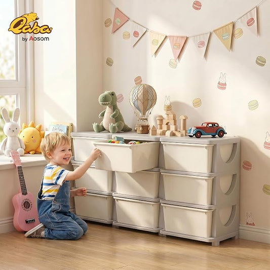 Qaba 3 Tier Kids Storage Unit, Toy Organizers and Storage with 9 Drawer Chest for Kids Bedroom Nursery Kindergarten Living Room for Boys Girls Toddlers, Cream White