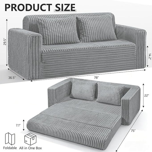 HABUTWAY 78" Loveseat Boneless Couch, 4-in-1 Convertible Sofa Bed, Plush Fur Folding Futon Sofa Bed Couches with 2 Pillows for Living Room, High-Density Foam Support, No Assembly Required, Light Grey